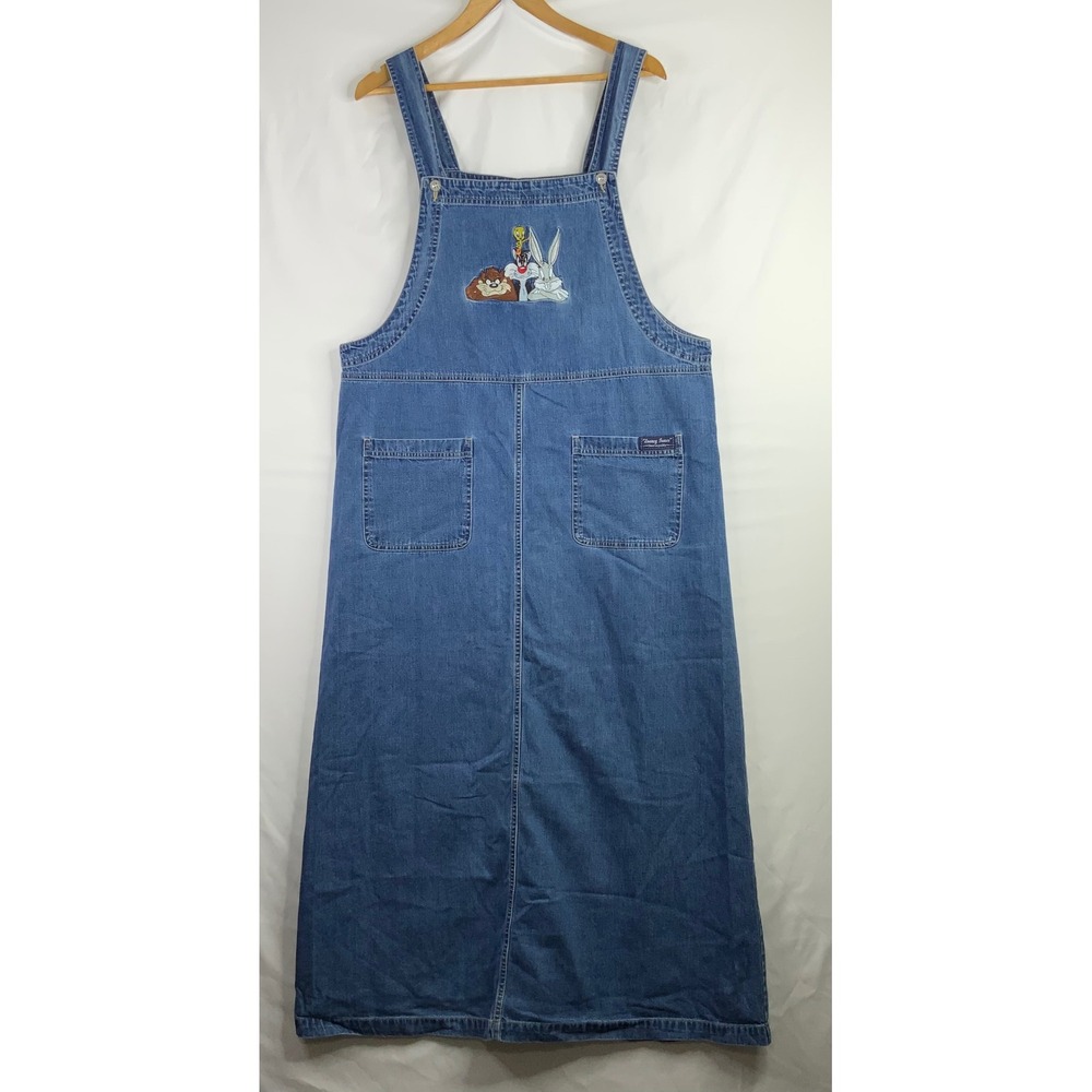 Vintage Looney Tunes Denim Overall Dress Bugs Bunny Taz Tweety Blue Jumper L
